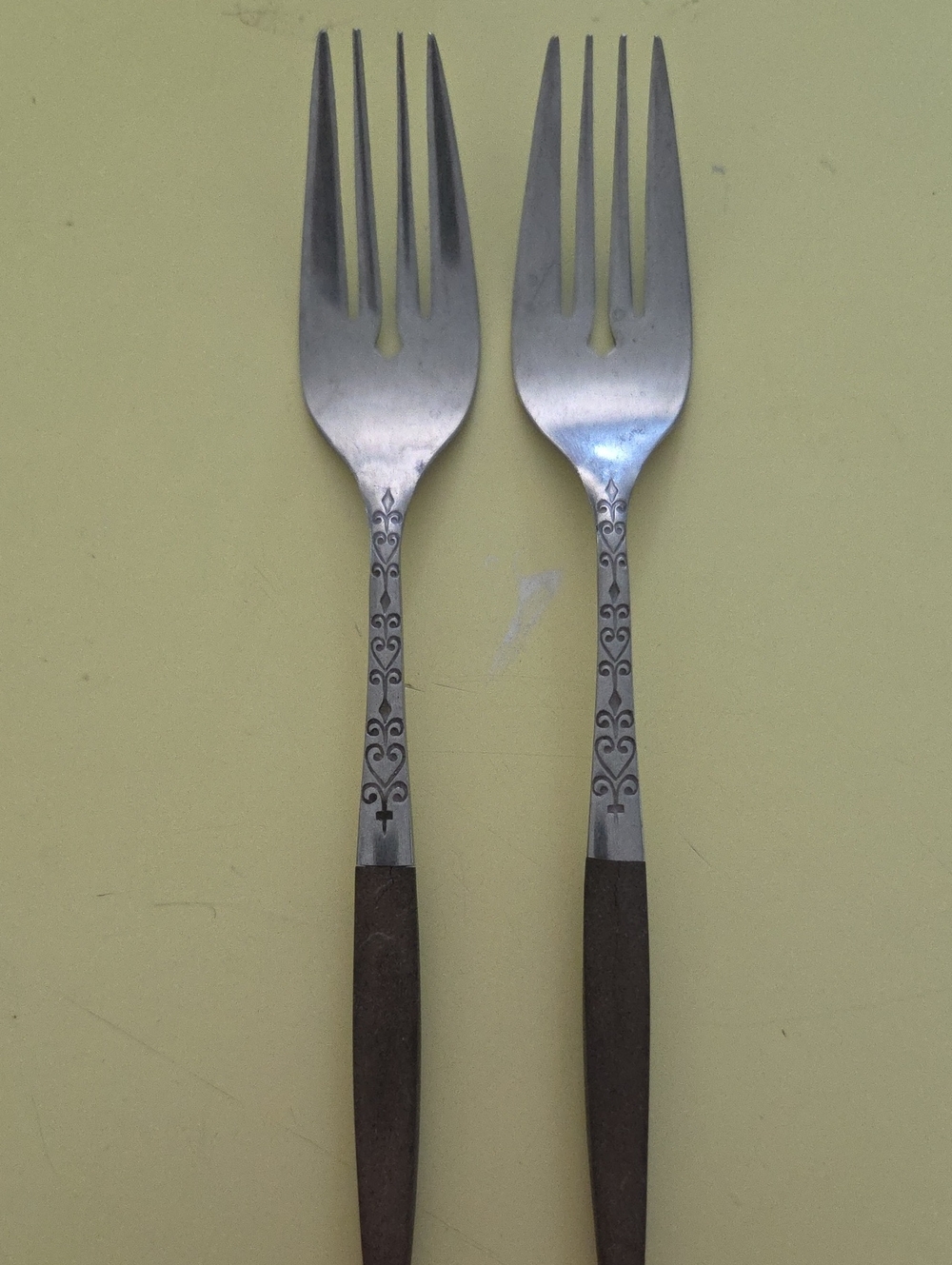 2 Vintage Interpur Rustic Brown Handle Stainless Steel Serving Forks